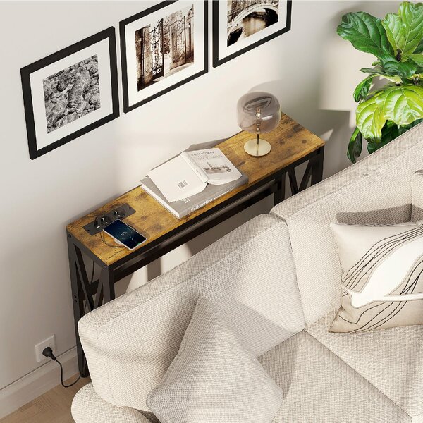 DecHome Consolle Ingresso Design Industriale con Prese di Corrente e USB in Legno e Acciaio Dimensioni 100x24x75 cm colore Marrone