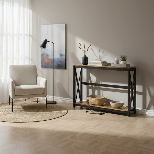 DecHome Consolle Ingresso Design Industriale con Prese di Corrente e USB in Legno e Acciaio Dimensioni 100x24x75 cm colore Marrone