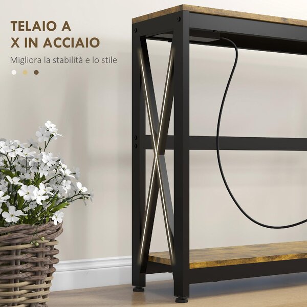 DecHome Consolle Ingresso Design Industriale con Prese di Corrente e USB in Legno e Acciaio Dimensioni 100x24x75 cm colore Marrone