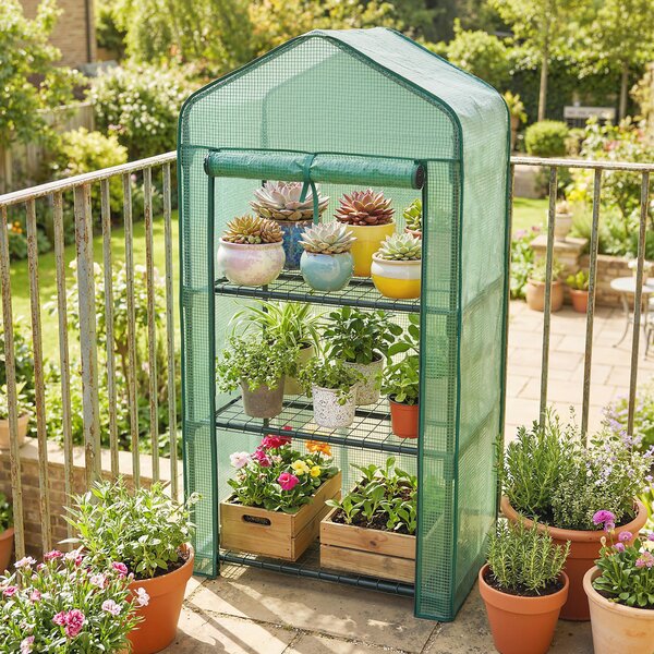 Outsunny Mini Serra da Giardino con Copertura in PE, 3 Ripiani e Porta Avvolgibile, 59x39x127cm, Verde | Aosom Italy