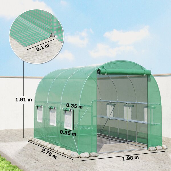 Outsunny Serra da Esterno 2,8x2x1,9 m con Ripiani Serra a Tunnel con Porta Avvolgibile 6 Finestre con Rete Verde | Aosom Italy