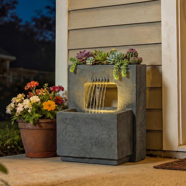 Outsunny Fontana 2 livelli Fontana da giardino con illuminazione LED Vaso per piante Pompa Effetto pietra, Regolabile 45 x 31,5 x 58,5 cm | Aosom Italy