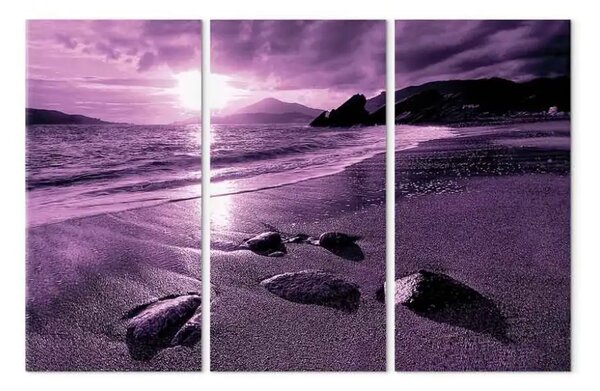 Quadro contemporaneo Tramonto viola - trittico con spiaggia, mare e montagne sullo sfondo