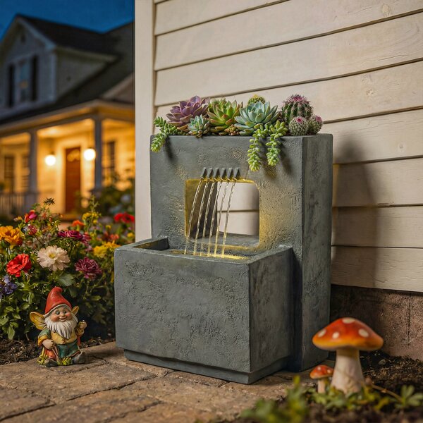 Outsunny Fontana 2 livelli Fontana da giardino con illuminazione LED Vaso per piante Pompa Effetto pietra, Regolabile 45 x 31,5 x 58,5 cm | Aosom Italy