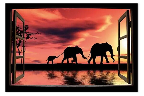 Quadro su tela Elefanti vaganti visti dalla finestra aperta - Paesaggio africano
