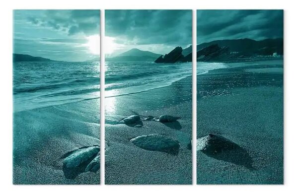 Quadro moderno Tramonto in turchese - paesaggio in tre pezzi con mare e montagne