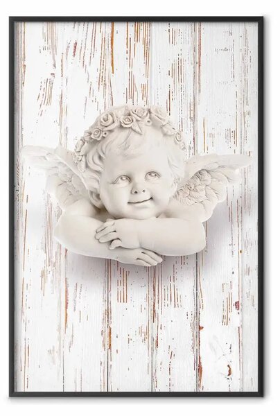 Poster: Alba felice - scultura di un angelo su sfondo bianco di legno