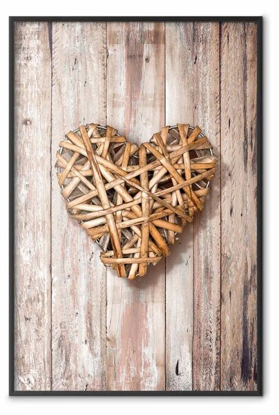 Poster: Cuore caldo - cuore marrone con un mazzo su texture di assi di legno