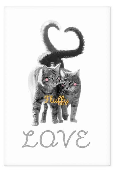 Quadro contemporaneo Gatti innamorati - grigi, animali pelosi con una scritta in inglese amore su uno sfondo bianco in uno stile moderno