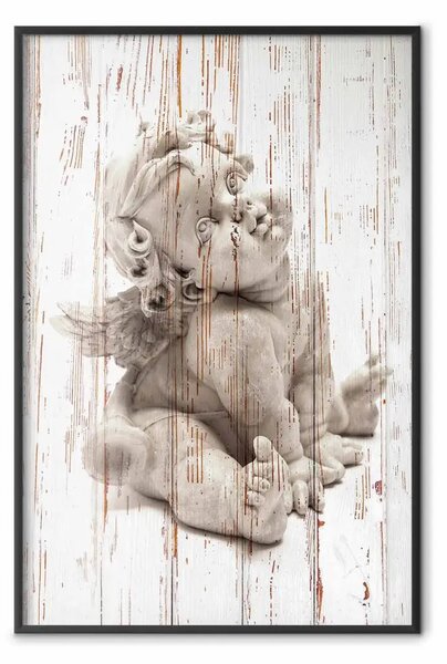 Poster: Amore meditativo - scultura di un angelo di pietra su sfondo di legno
