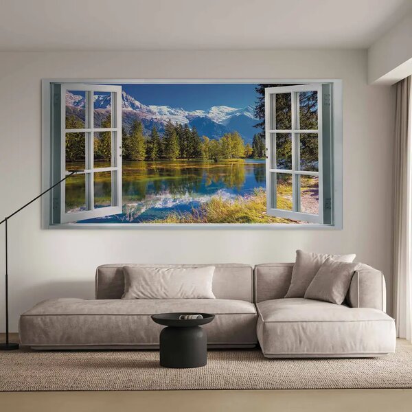 Mattina in montagna II - vista dalla finestra su paesaggio montano con alberi e acqua