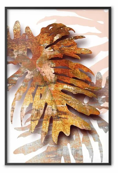 Poster: Ricordi autunnali - foglia autunnale con texture metallica marrone