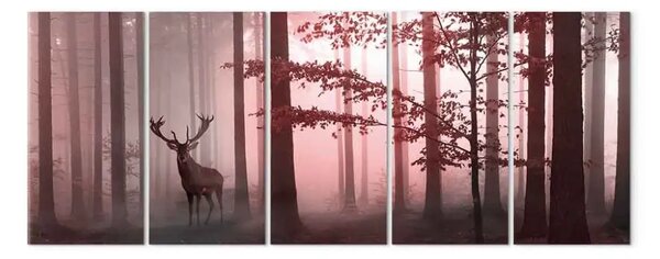 Quadro su tela Cervi in mezzo agli alberi - un paesaggio forestale nei toni del rosa