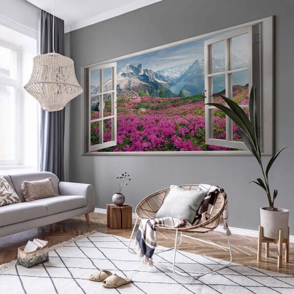 Rododendri alpini II - vista dalla finestra su paesaggio montano pieno di fiori colorati
