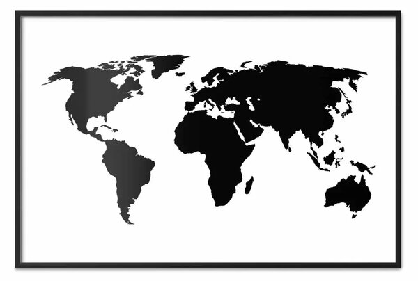 Poster: Continenti - mappa nera del mondo intero su sfondo bianco contrastante