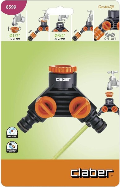 Claber Presa Rubinetto 3/4" 2 Vie per Raccordo Tubo da Giardino Irrigazione con riduttore 3/4"- 1/2" - 8599
