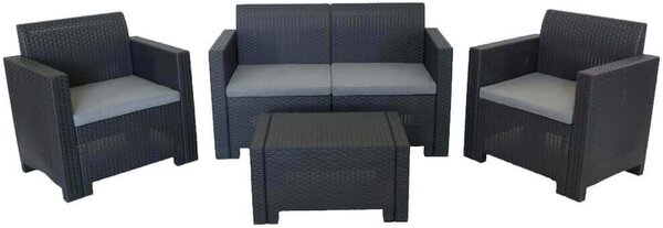 VivaGarden Salotto da Giardino con Divano 2 Posti 2 Poltrone e Tavolino con Cuscini in Rattan PE colore Nero