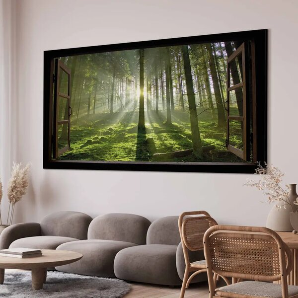 Alba nella foresta II - vista dalla finestra su paesaggio forestale con sole tra gli alberi