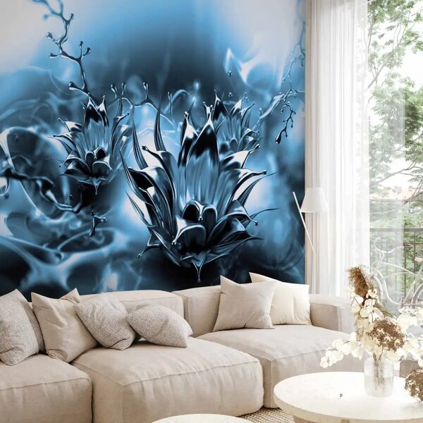 Carta da parati moderna Fiore oleoso blu - Astrazione floreale con motivo fluido