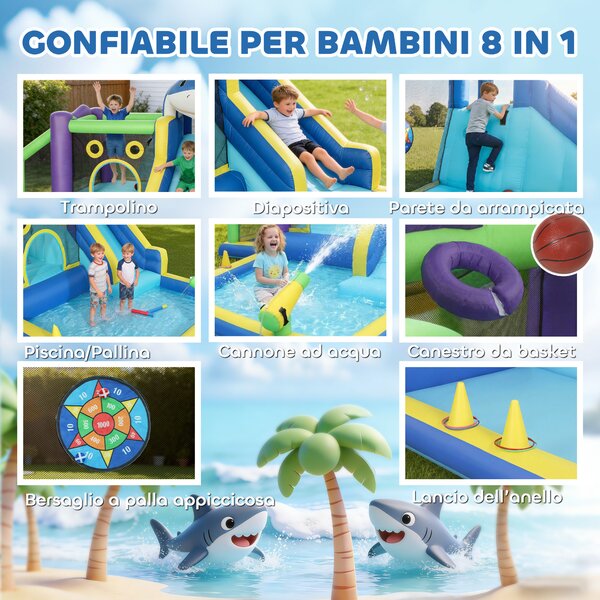 AIYAPLAY Gonfiabile Tema Squali con Scivolo, Piscina/Piscina Palline per Divertimento Bambini all'Aperto | Aosom Italy