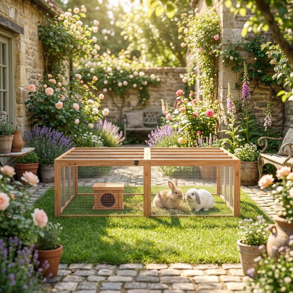 PawHut Recinto per conigli in legno con 2 porte Casetta rifugio per 2-4 conigli nani 180,4 x 150 x 48 cm Arancione | Aosom Italy