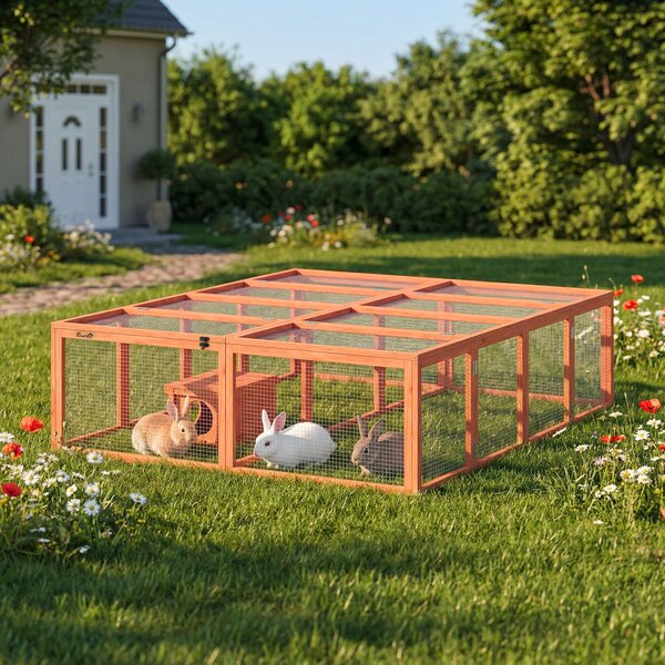 PawHut Recinto per conigli in legno con 2 porte Casetta rifugio per 2-4 conigli nani 180,4 x 150 x 48 cm Arancione | Aosom Italy