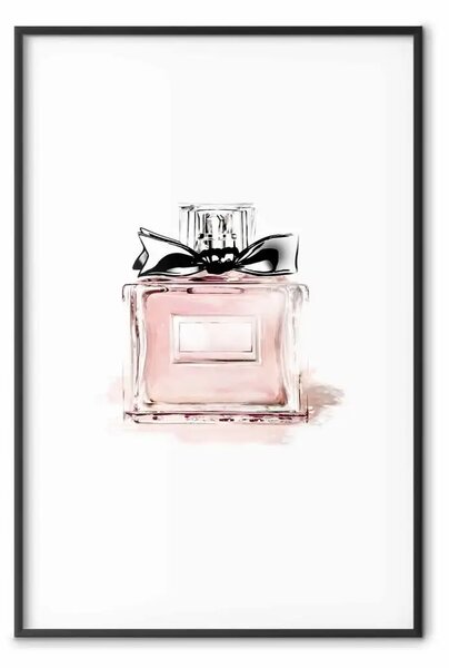 Poster: Profumo - flacone rosa con nastro nero su pastello