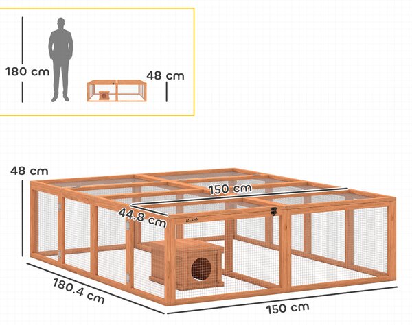 PawHut Recinto per conigli in legno con 2 porte Casetta rifugio per 2-4 conigli nani 180,4 x 150 x 48 cm Arancione | Aosom Italy