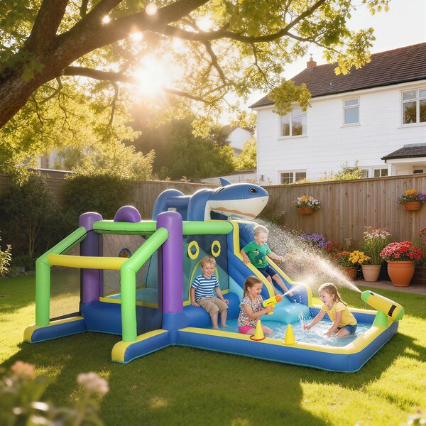 AIYAPLAY Gonfiabile Tema Squali con Scivolo, Piscina/Piscina Palline per Divertimento Bambini all'Aperto | Aosom Italy