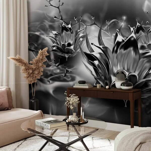 Carta da parati moderna Fiore oleoso in bianco e nero - Astrazione floreale con motivo fluido