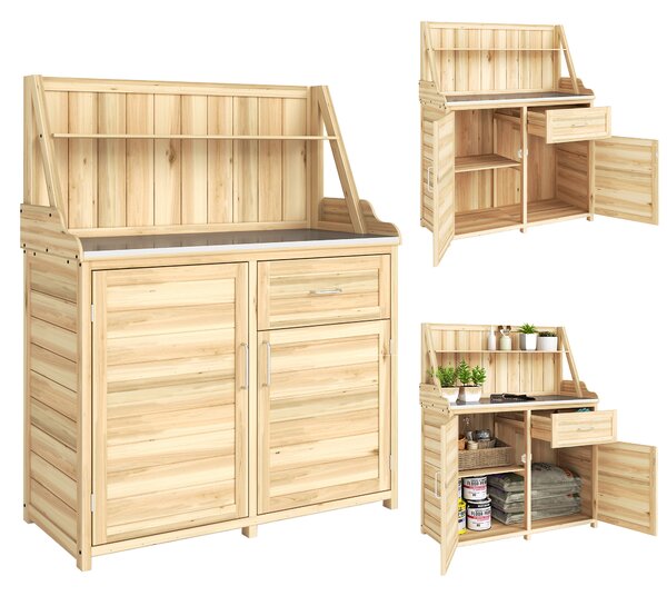 Outsunny Armadio da Giardino in Legno con Piano di Lavoro in Metallo Zincato Cassetto e Ripiano 100x45x129,5cm Naturale | Aosom Italy