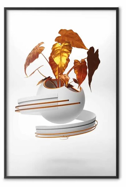 Poster: Foglie di rame - astratto vaso con foglie dorate su sfondo bianco