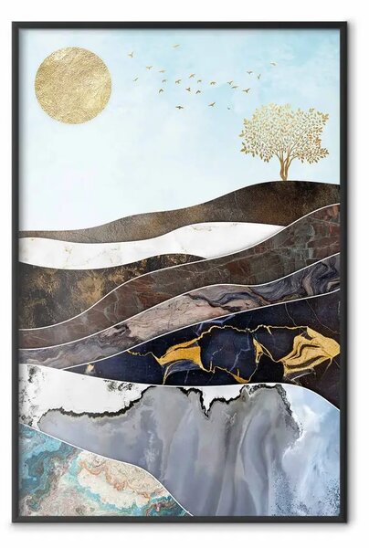 Poster: Strati di terra - paesaggio astratto con sole dorato e albero