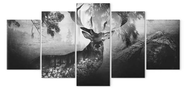 Quadro su tela Cervi in ​​bianco e nero in mezzo agli alberi