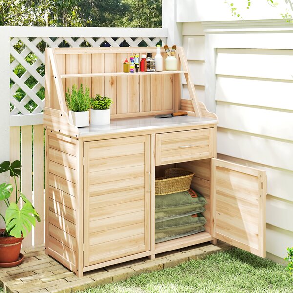 Outsunny Armadio da Giardino in Legno con Piano di Lavoro in Metallo Zincato Cassetto e Ripiano 100x45x129,5cm Naturale | Aosom Italy