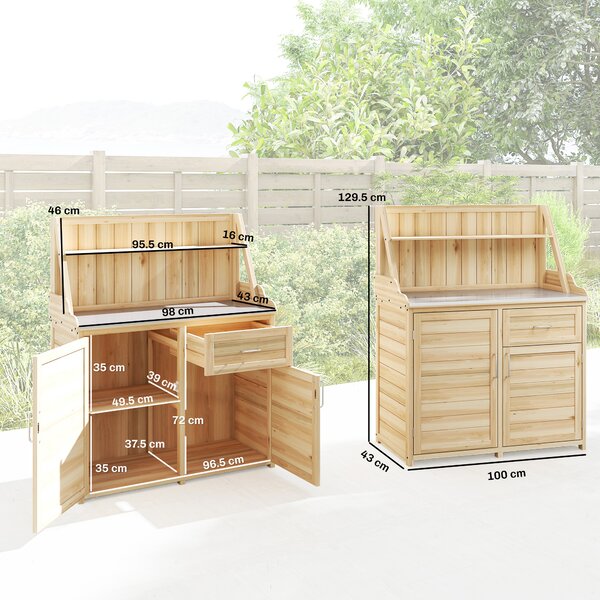 Outsunny Armadio da Giardino in Legno con Piano di Lavoro in Metallo Zincato Cassetto e Ripiano 100x45x129,5cm Naturale | Aosom Italy