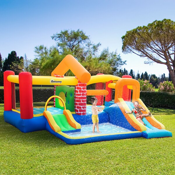 Outsunny Castello Gonfiabile con 2 Scivoli 2 Tappeti Elastici e Piscina per Bambini +3 Anni Include Pompa e Borsa per il Trasporto per Interno Esterno 380x370x230 cm Multicolore | Aosom Italy