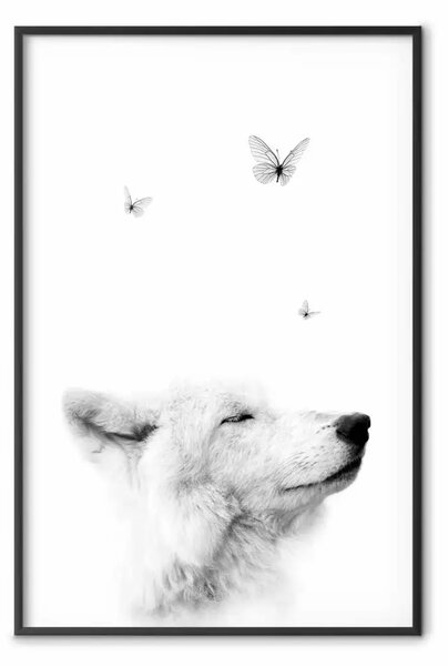 Poster: Sogno delicato - cane selvatico e farfalle su bianco