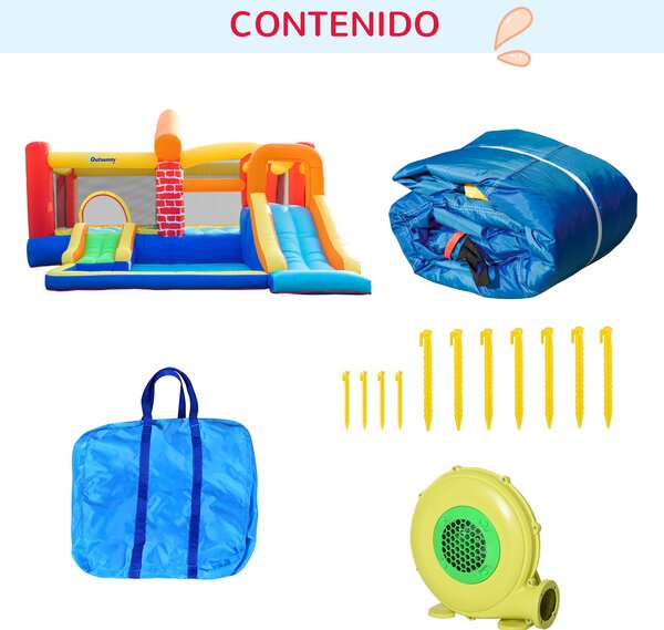 Outsunny Castello Gonfiabile con 2 Scivoli 2 Tappeti Elastici e Piscina per Bambini +3 Anni Include Pompa e Borsa per il Trasporto per Interno Esterno 380x370x230 cm Multicolore | Aosom Italy