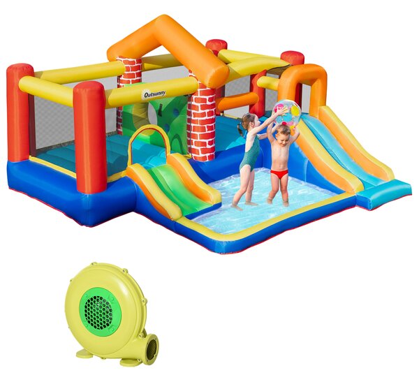 Outsunny Castello Gonfiabile con 2 Scivoli 2 Tappeti Elastici e Piscina per Bambini +3 Anni Include Pompa e Borsa per il Trasporto per Interno Esterno 380x370x230 cm Multicolore | Aosom Italy
