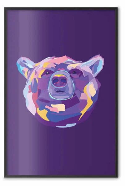 Poster: Orso colorato - testa astratta di animale su sfondo viola