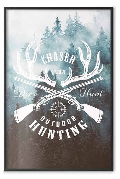 Poster: Caccia - scritte e icone armi su sfondo bosco nebbia