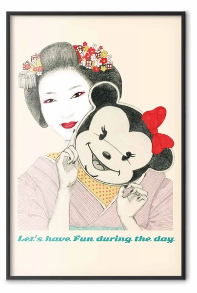 Poster: Geisha divertente - ritratto donna con maschera da topo