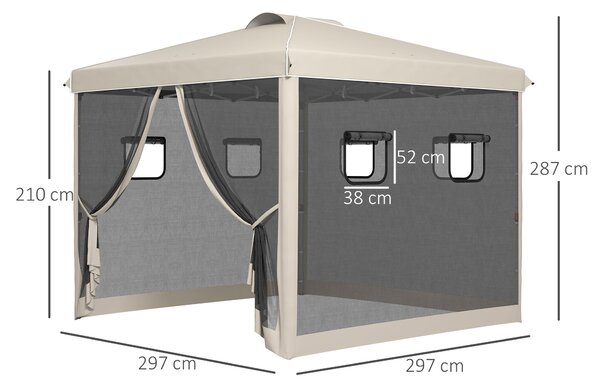 Outsunny Gazebo pieghevole, altezza regolabile, tende in rete, borsa per il trasporto, struttura metallica, 3 x 3 x 3 m, Beige | Aosom Italy