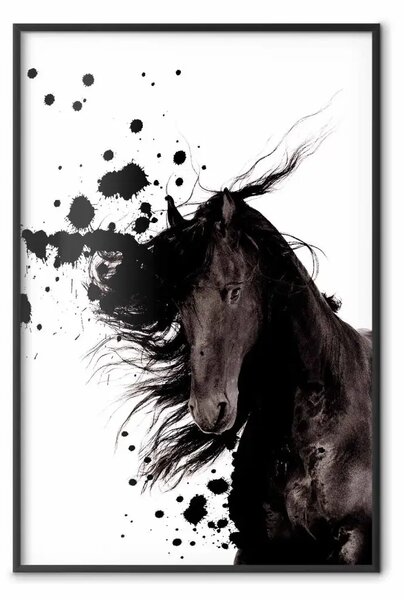 Poster: Elemento astratto - cavallo nero e macchie astratte su sfondo bianco