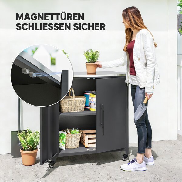 Outsunny Armadio da giardino con tavolo da rinvaso Capanno porta attrezzi con piano in acciaio inox ripiano rimovibile magnetico Doppia porta Ruote | Aosom Italy