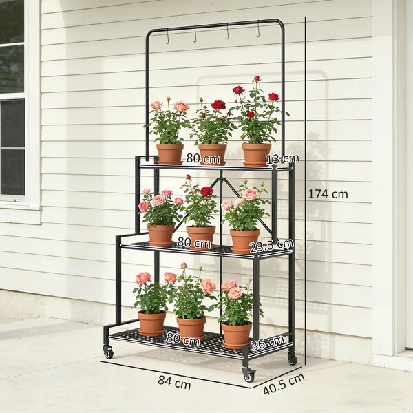 Outsunny Supporto per piante a 3 livelli pieghevole con ruote, ganci, scaffale per piante in metallo, Nero | Aosom Italy