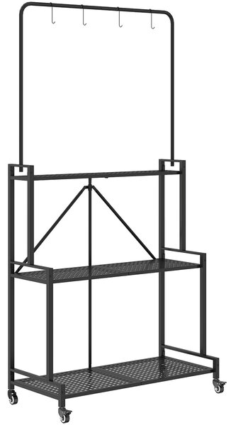 Outsunny Supporto per piante a 3 livelli pieghevole con ruote, ganci, scaffale per piante in metallo, Nero | Aosom Italy