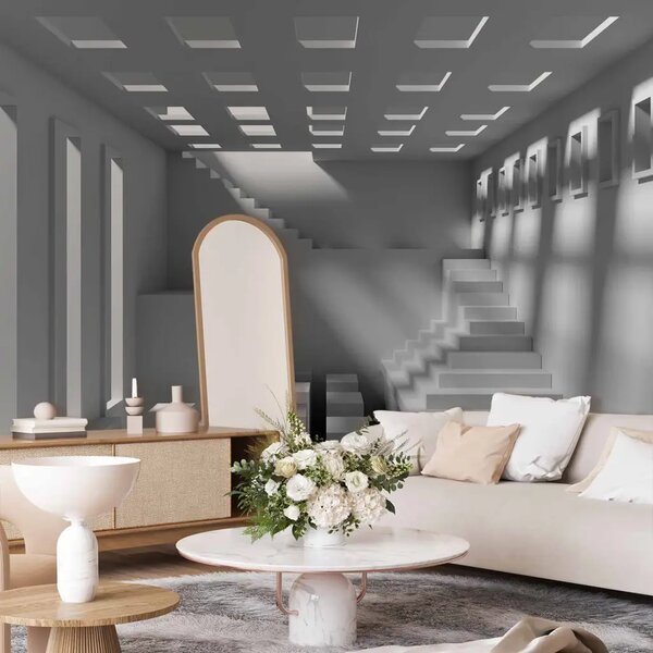 Carta da parati moderna Astratto - motivo di figure geometriche con effetto 3D in grigio