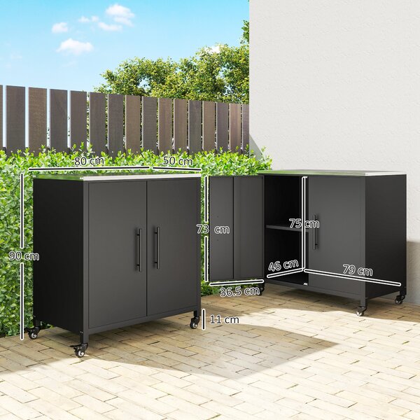 Outsunny Armadio da giardino con tavolo da rinvaso Capanno porta attrezzi con piano in acciaio inox ripiano rimovibile magnetico Doppia porta Ruote | Aosom Italy
